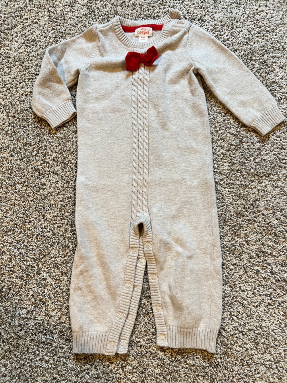 Cat & Jack Beige Knit One-Piece with Red Bow